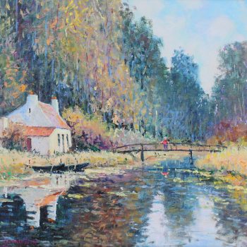 Yetvart Kaprielian, Bord du Zieux a Clairmarais, 13x16.5 inches oil on canvas, 17.5x21 inches with framed