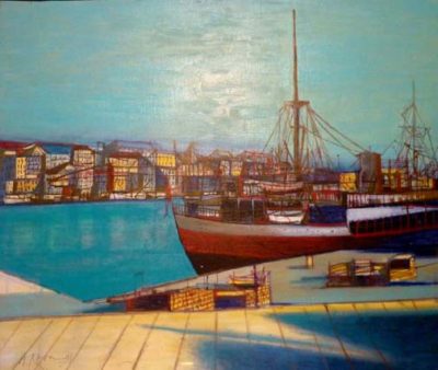 Jean Carzou, Bateau dans le port, 22x26 inches, oil on canvas, 1991