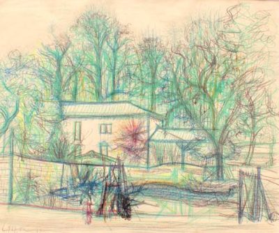 Jean Carzou, House by the roadside, 1997 , crayon and ink on paper 17.5 x21.5 inches