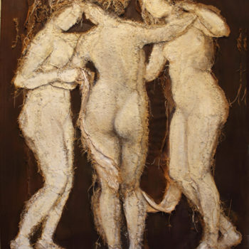 Loretta Tearney Warner, The three Graces, 60.5x48 inches, burlap stitched to linen and paint FR